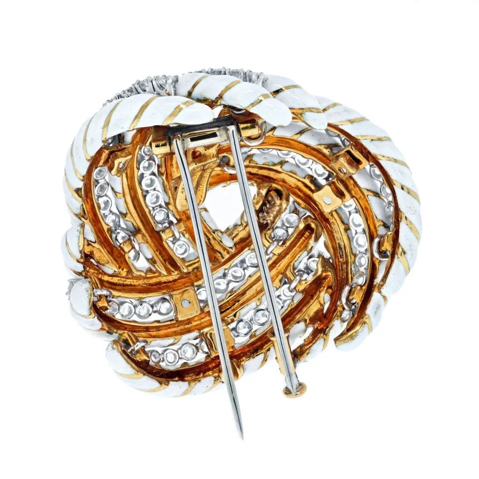 David Webb 18K Yellow Gold White Enamel And 8.00cttw Diamond Knot Brooch — view 4 — Laura Milman New York