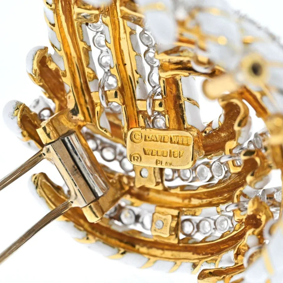 David Webb 18K Yellow Gold White Enamel And 8.00cttw Diamond Knot Brooch — view 5 — Laura Milman New York