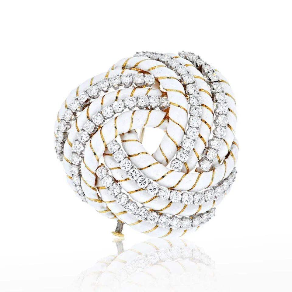 David Webb 18K Yellow Gold White Enamel And 8.00cttw Diamond Knot Brooch — Laura Milman New York