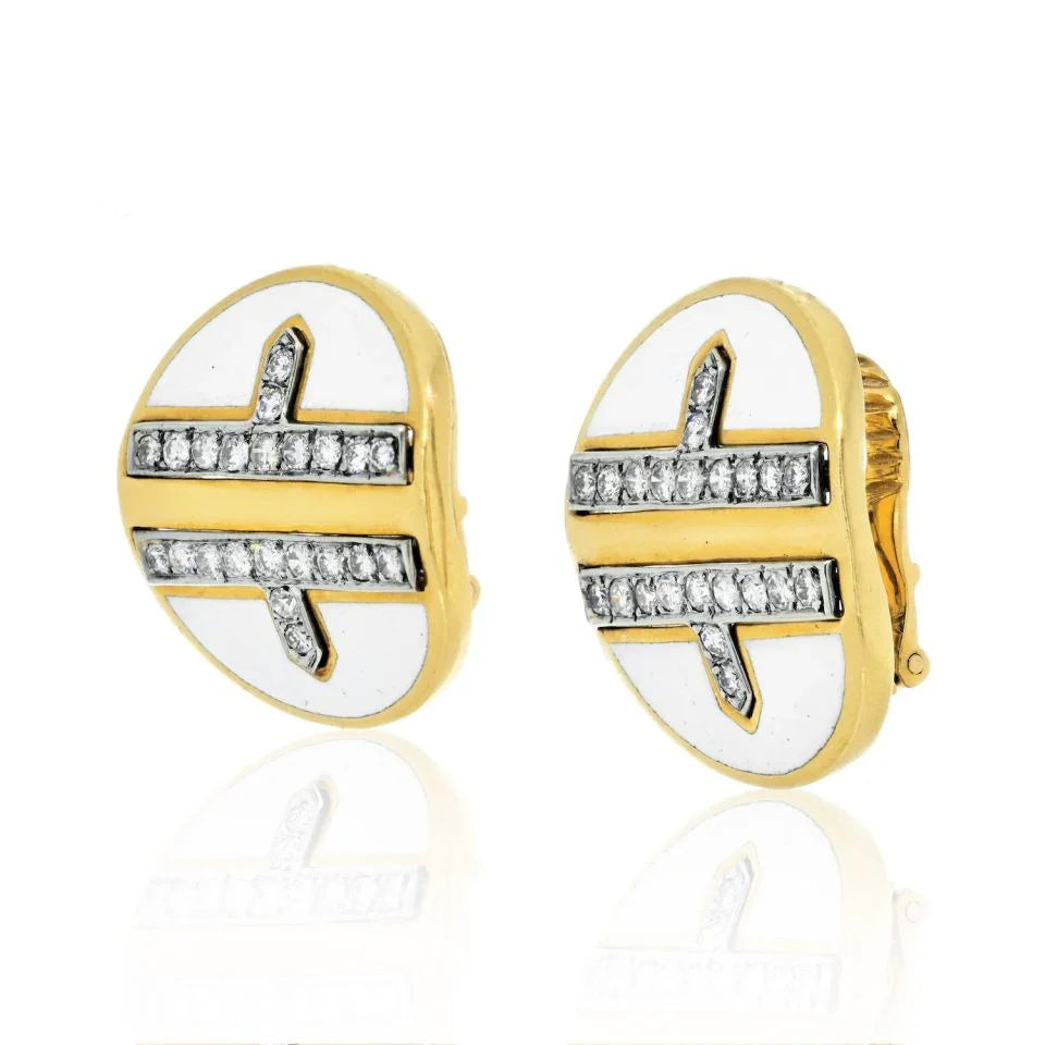 David Webb Platinum & 18K Yellow Gold White Enamel Diamond Metro Collection Earrings — view 2 — Laura Milman New York