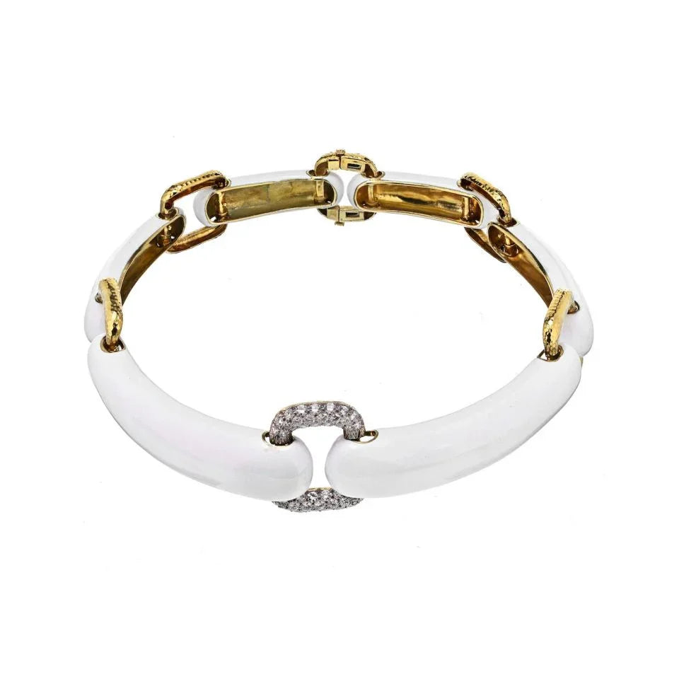 David Webb 18K Yellow Gold White Enamel Gold And Diamond Linked Collar Necklace — view 2 — Laura Milman New York
