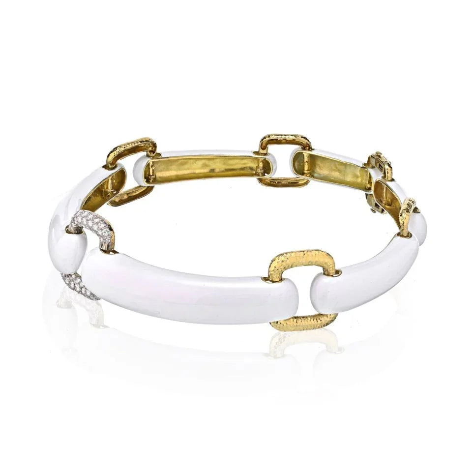 David Webb 18K Yellow Gold White Enamel Gold And Diamond Linked Collar Necklace — Laura Milman New York
