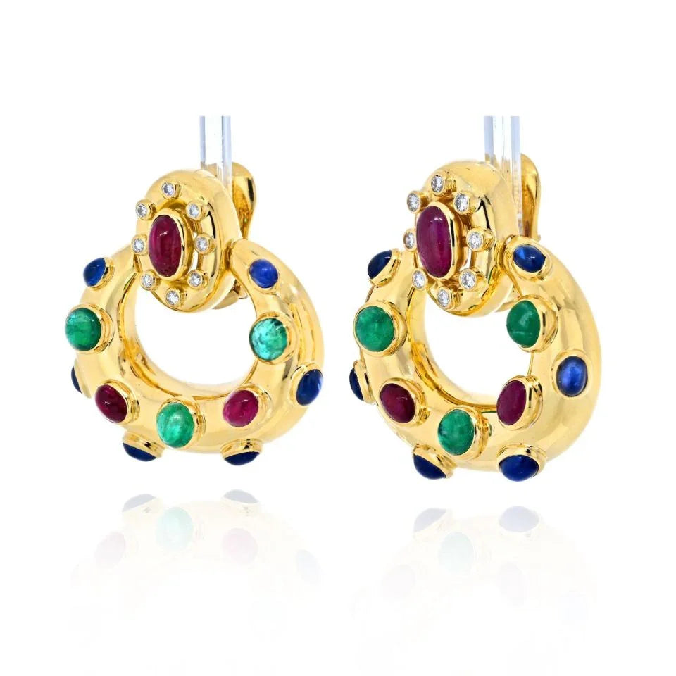 David Webb 18K White Gold Ruby, Emerald And Sapphire Door Knockers Earrings — view 2 — Laura Milman New York