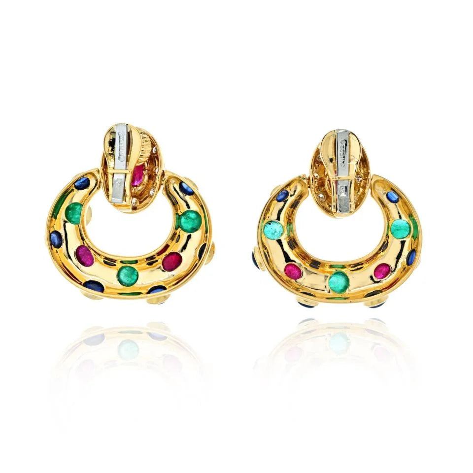 David Webb 18K White Gold Ruby, Emerald And Sapphire Door Knockers Earrings — view 4 — Laura Milman New York