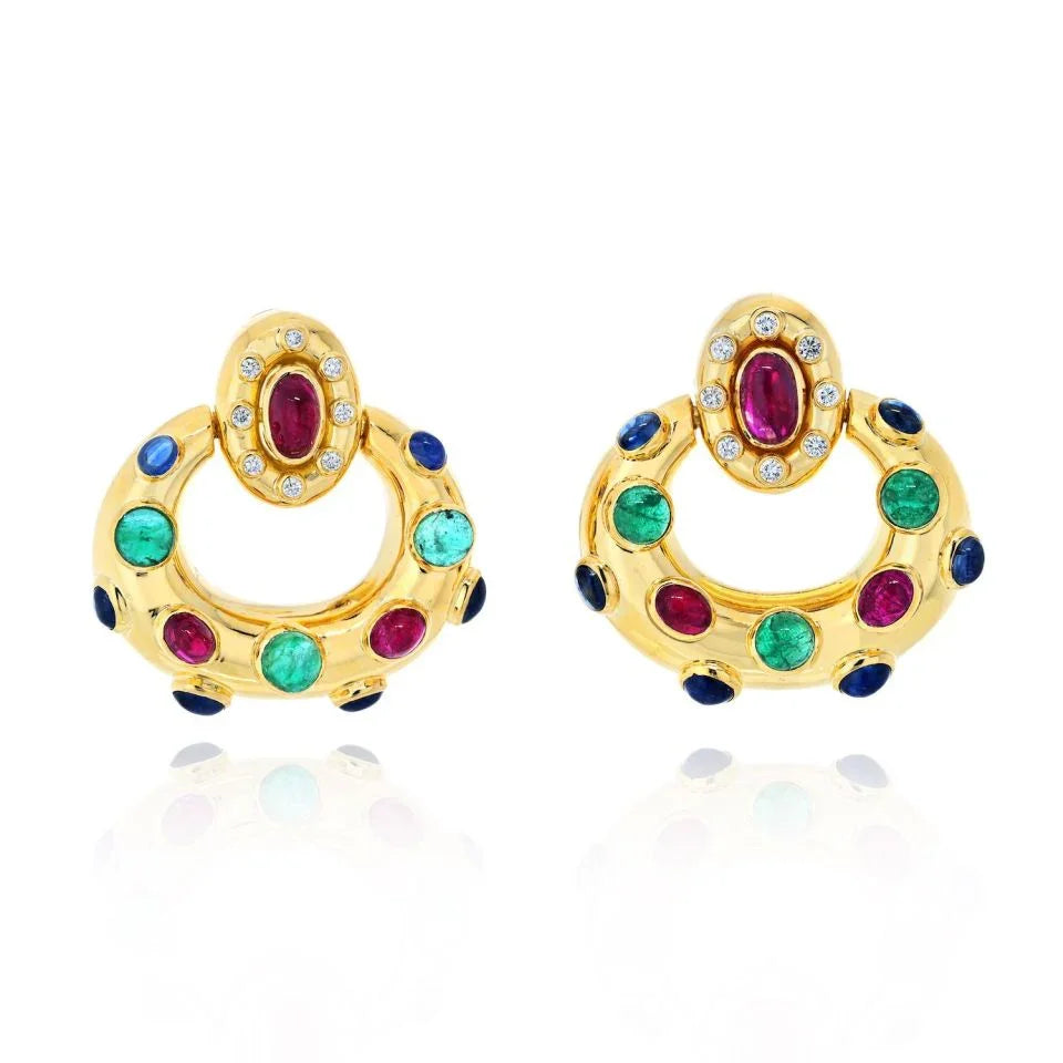 David Webb 18K White Gold Ruby, Emerald And Sapphire Door Knockers Earrings — Laura Milman New York