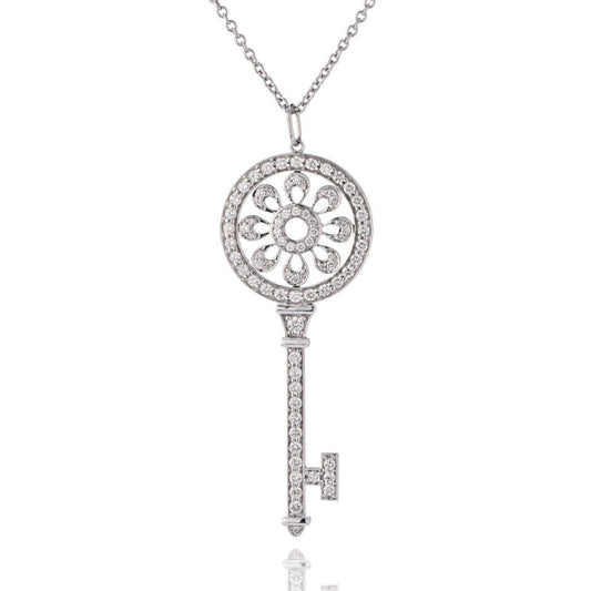 Tiffany 18K White Gold 1.09ct Diamond Key Pendant 2.25"