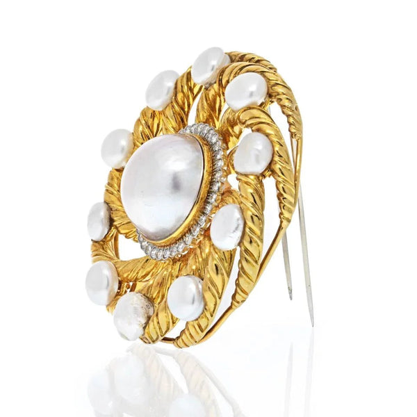 David Webb Platinum & 18K Yellow Gold Diamond And Pearl Circular Openwork Brooch — view 2