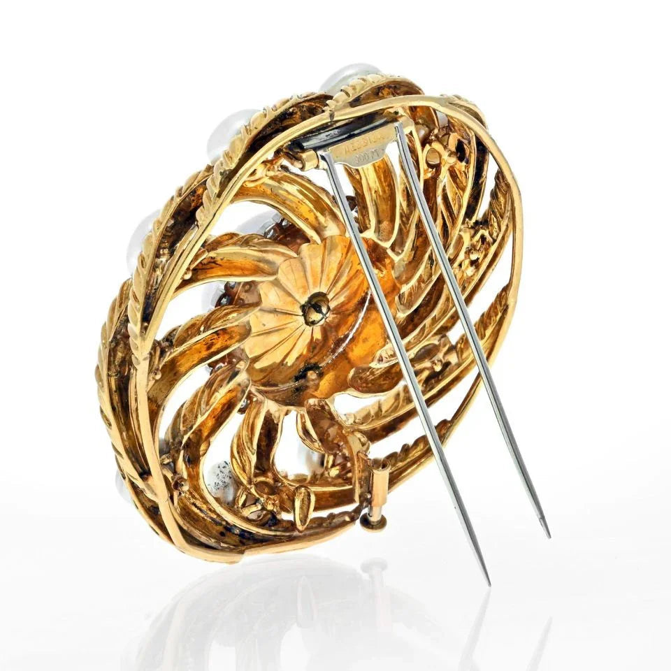 David Webb Platinum & 18K Yellow Gold Diamond And Pearl Circular Openwork Brooch — view 3 — Laura Milman New York