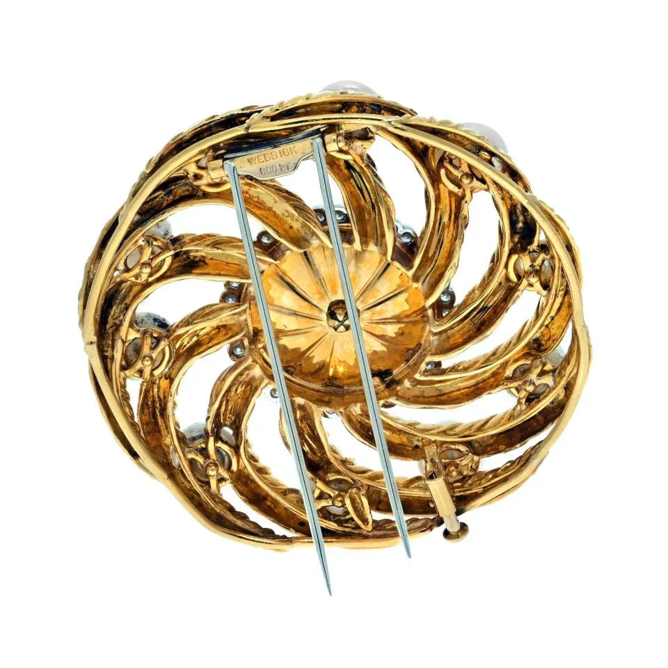 David Webb Platinum & 18K Yellow Gold Diamond And Pearl Circular Openwork Brooch — view 4 — Laura Milman New York
