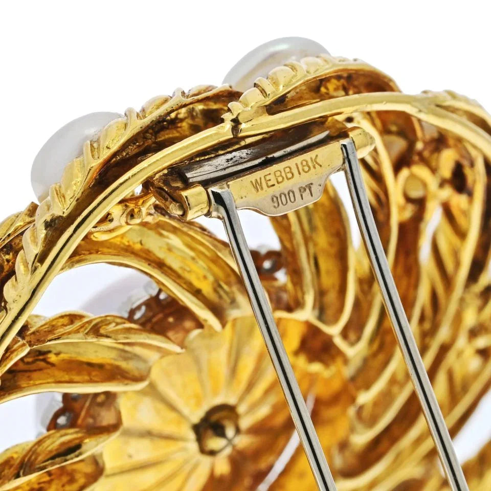 David Webb Platinum & 18K Yellow Gold Diamond And Pearl Circular Openwork Brooch — view 5 — Laura Milman New York