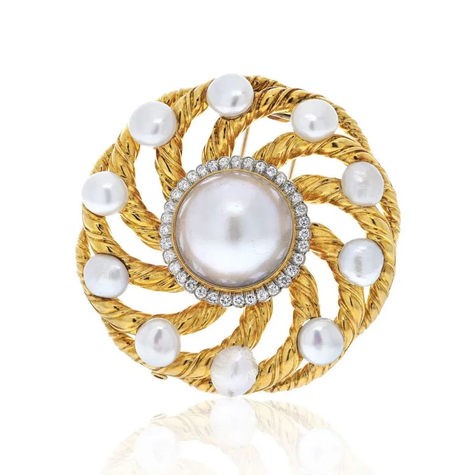 David Webb Platinum & 18K Yellow Gold Diamond And Pearl Circular Openwork Brooch — Laura Milman New York