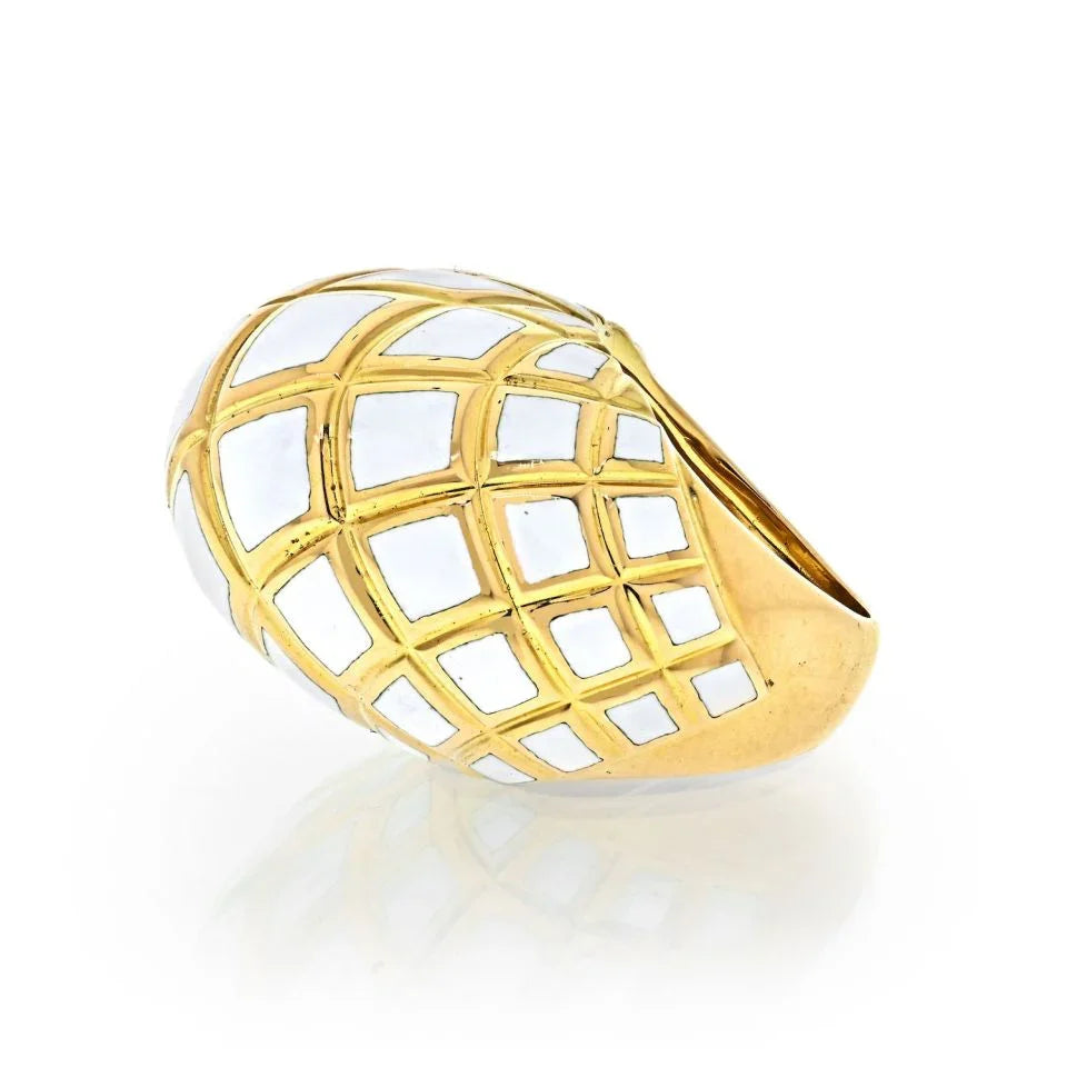 David Webb Platinum & 18K Yellow Gold White Enamel High Dome Ring — view 2 — Laura Milman New York