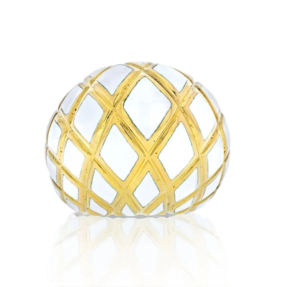 David Webb Platinum & 18K Yellow Gold White Enamel High Dome Ring — Laura Milman New York