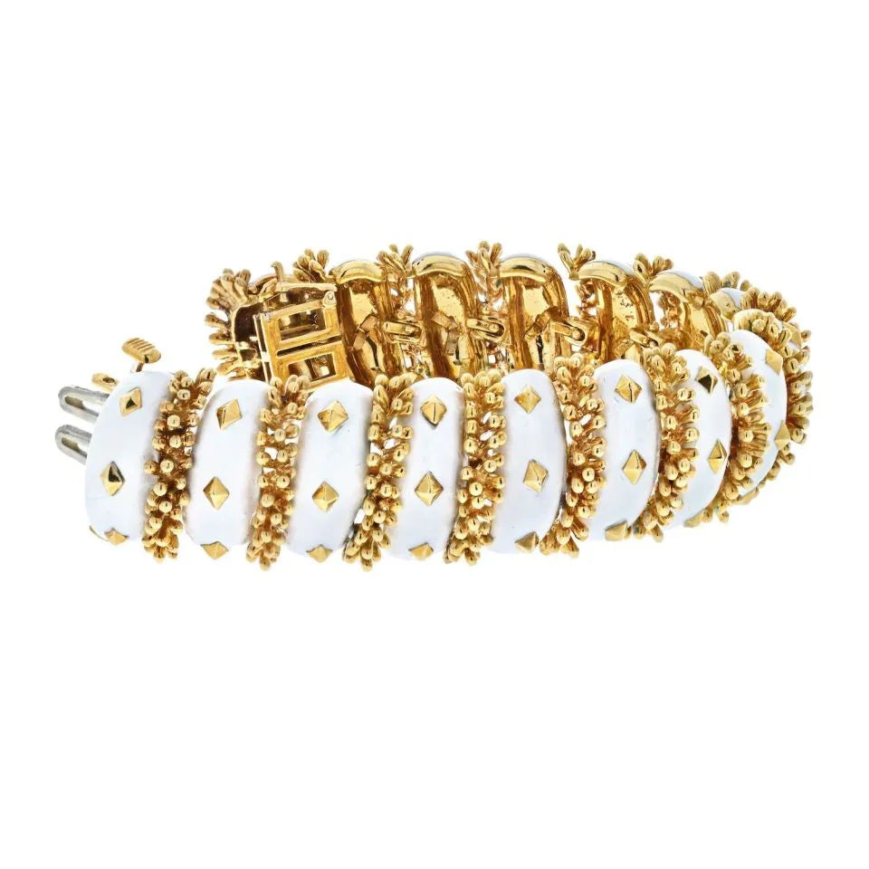 David Webb Platinum & 18K Yellow Gold White Enamel Articulated Bracelet — view 2 — Laura Milman New York