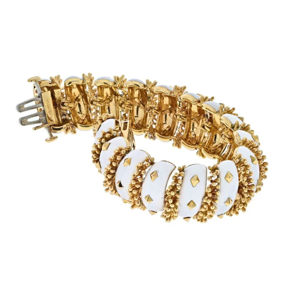 David Webb Platinum & 18K Yellow Gold White Enamel Articulated Bracelet — view 3 — Laura Milman New York