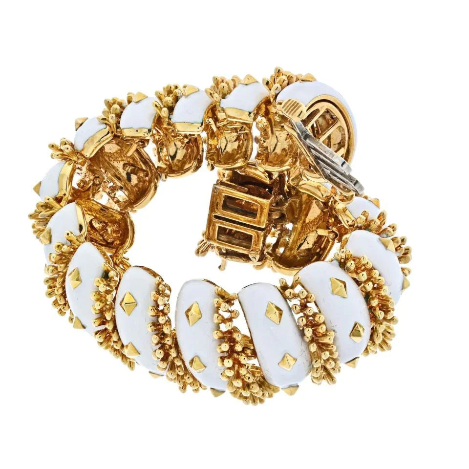 David Webb Platinum & 18K Yellow Gold White Enamel Articulated Bracelet — view 4 — Laura Milman New York