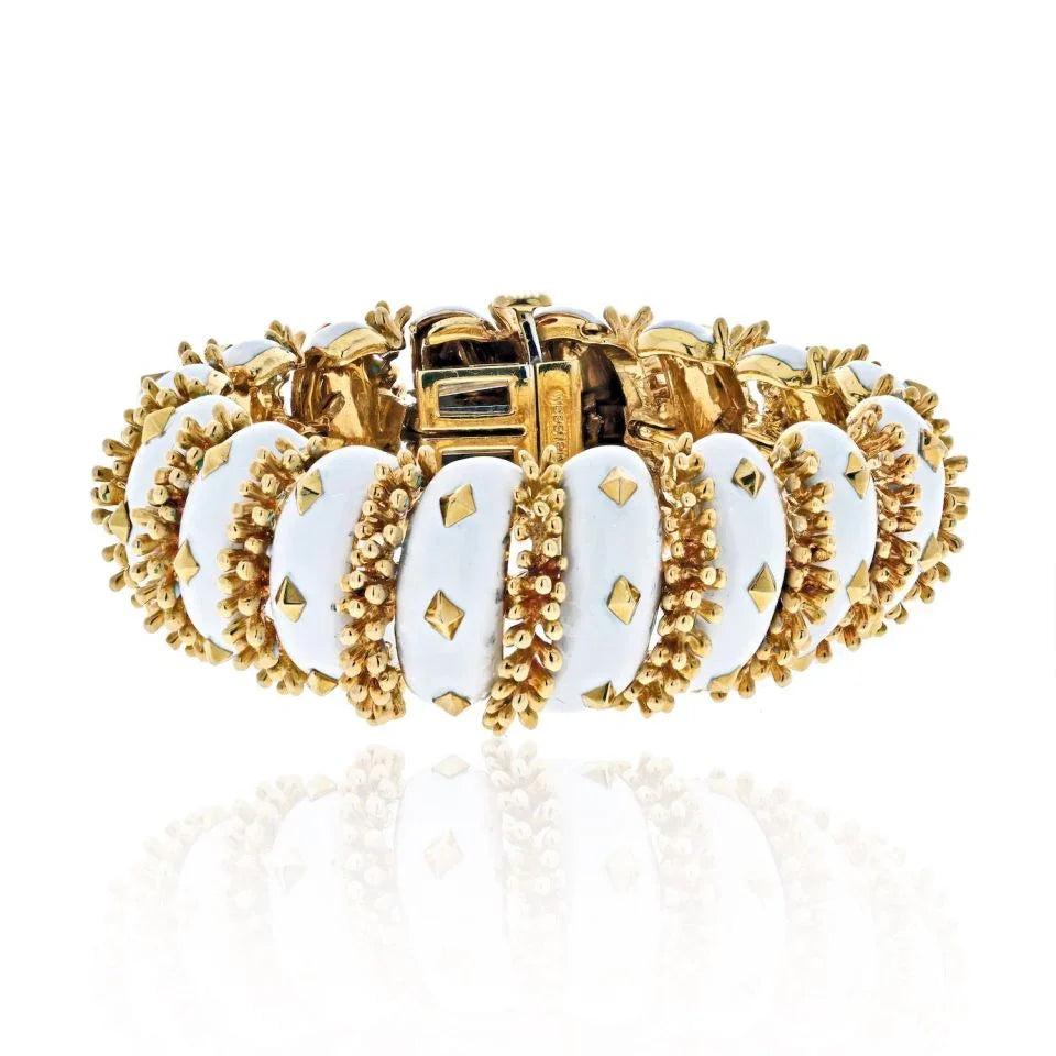 David Webb Platinum & 18K Yellow Gold White Enamel Articulated Bracelet — Laura Milman New York