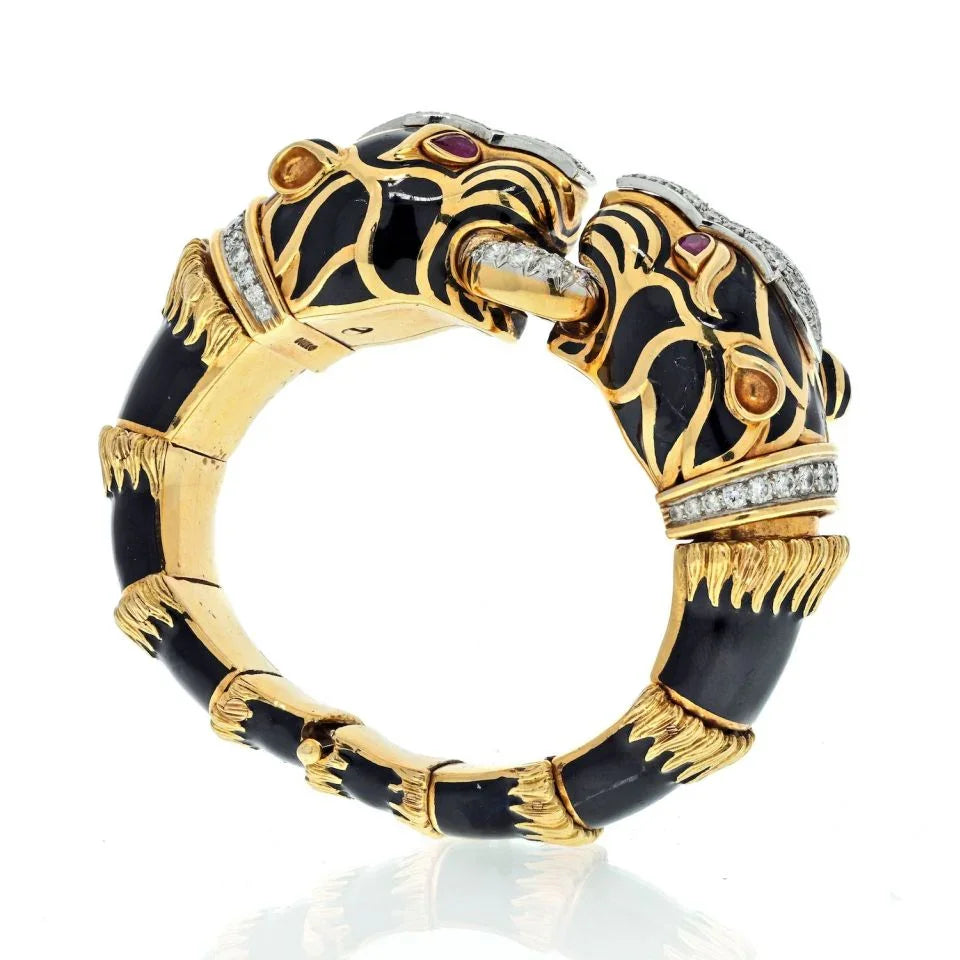 David Webb Platinum & 18K Yellow Gold Double Head Lion In Black Enamel Bracelet — view 3 — Laura Milman New York