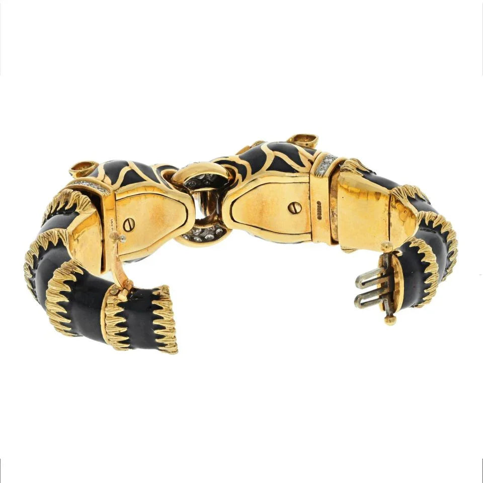David Webb Platinum & 18K Yellow Gold Double Head Lion In Black Enamel Bracelet — view 4 — Laura Milman New York