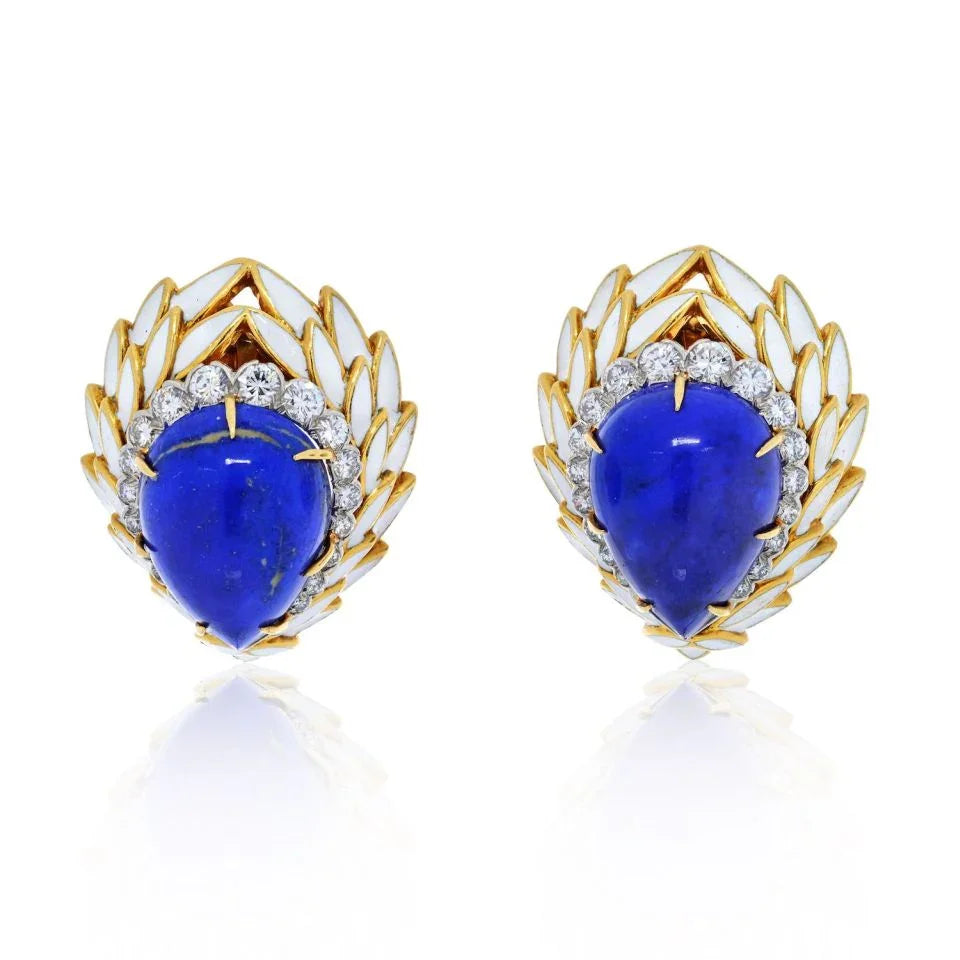 David Webb Blue Lapis, Diamonds And White Enamel Earrings — Laura Milman New York