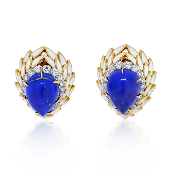 David Webb Blue Lapis, Diamonds And White Enamel Earrings