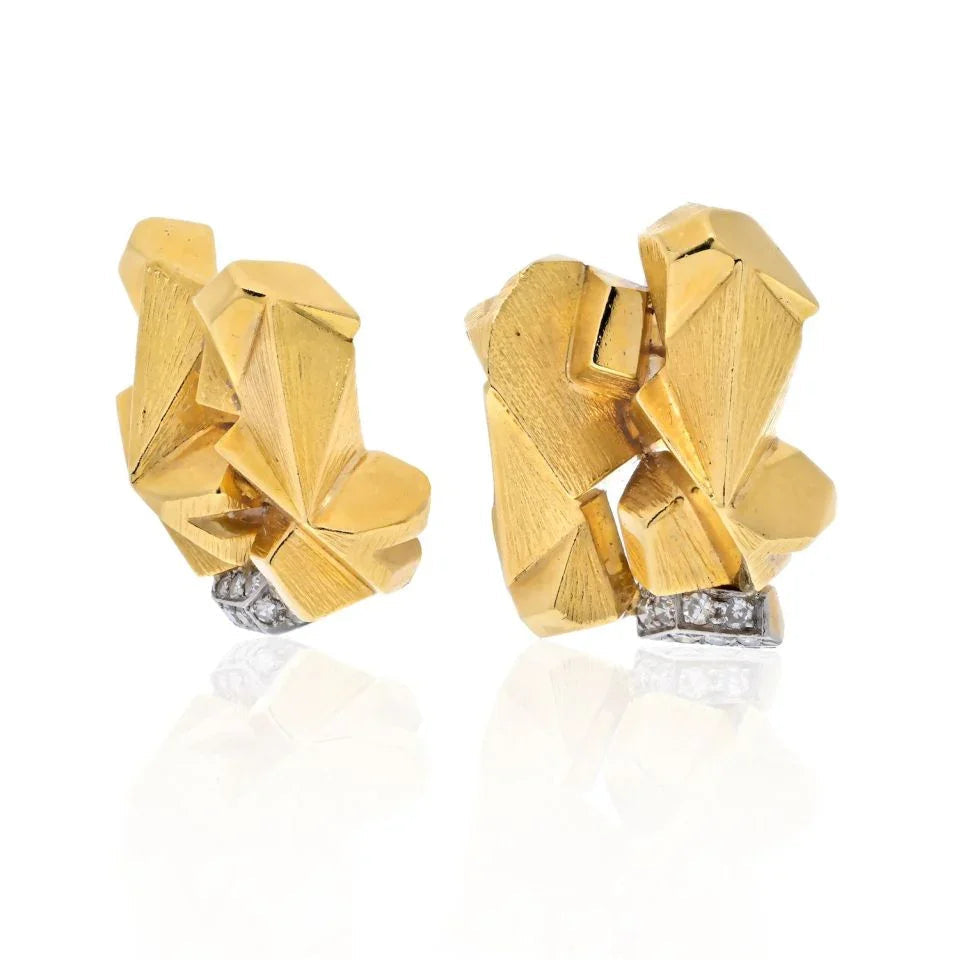 David Webb Platinum & 18K Yellow Gold Textured Nugget Diamond Slope Earrings — view 2 — Laura Milman New York