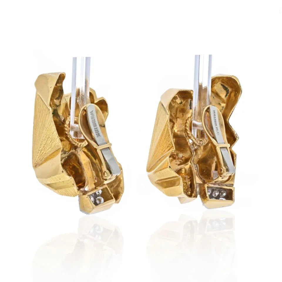 David Webb Platinum & 18K Yellow Gold Textured Nugget Diamond Slope Earrings — view 3 — Laura Milman New York