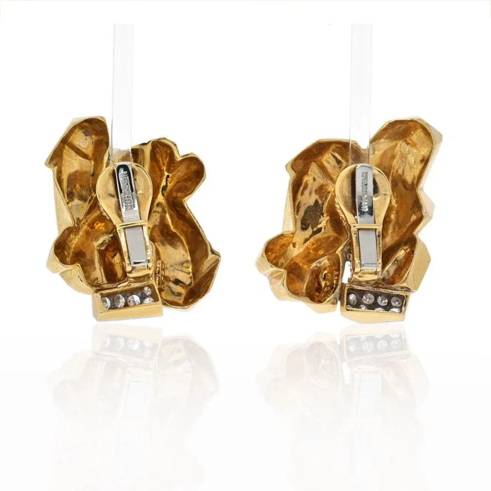 David Webb Platinum & 18K Yellow Gold Textured Nugget Diamond Slope Earrings — view 4 — Laura Milman New York
