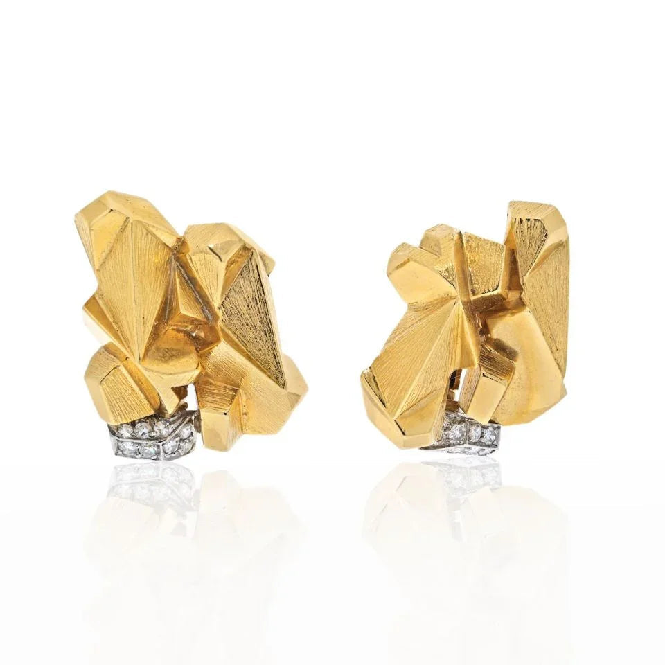 David Webb Platinum & 18K Yellow Gold Textured Nugget Diamond Slope Earrings — Laura Milman New York