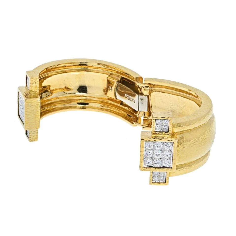 David Webb 18K Yellow Gold Hammered Wide Cuff With Diamonds Bracelet — view 3 — Laura Milman New York