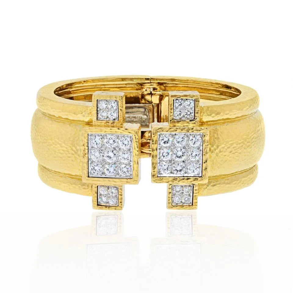David Webb 18K Yellow Gold Hammered Wide Cuff With Diamonds Bracelet — Laura Milman New York