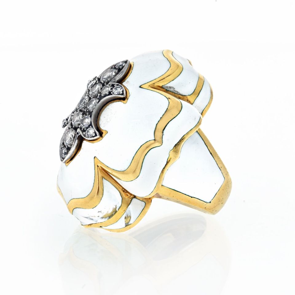 David Webb Platinum & 18K Yellow Gold Fleur De Lis White Enamel Ring — view 2 — Laura Milman New York