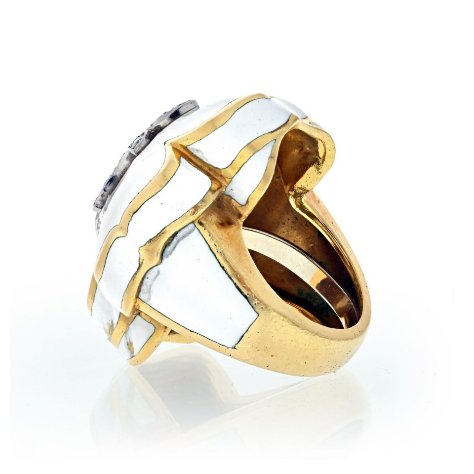 David Webb Platinum & 18K Yellow Gold Fleur De Lis White Enamel Ring — view 3 — Laura Milman New York