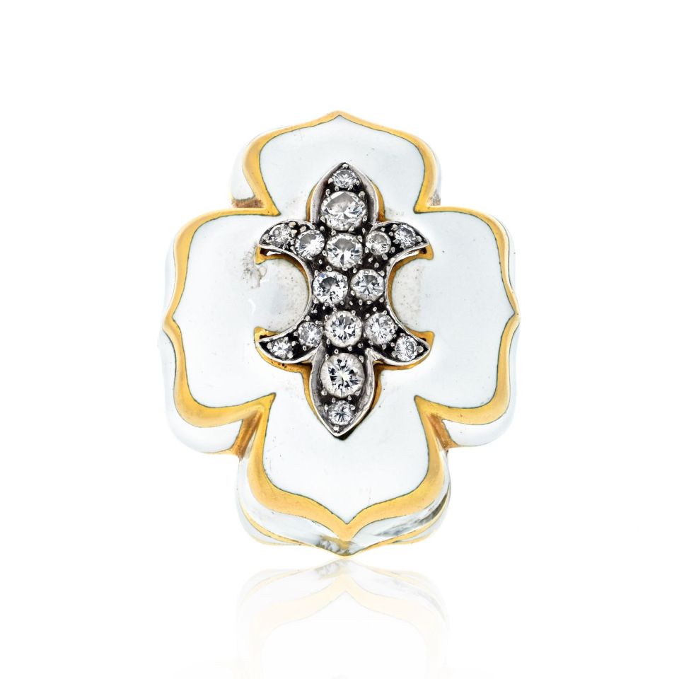 David Webb Platinum & 18K Yellow Gold Fleur De Lis White Enamel Ring — Laura Milman New York