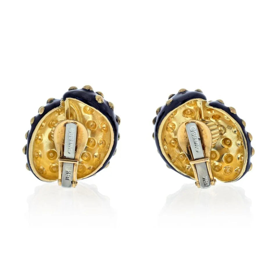 David Webb Platinum & 18K Yellow Gold Black Enamel Gold Studded Clip Earrings — view 4 — Laura Milman New York
