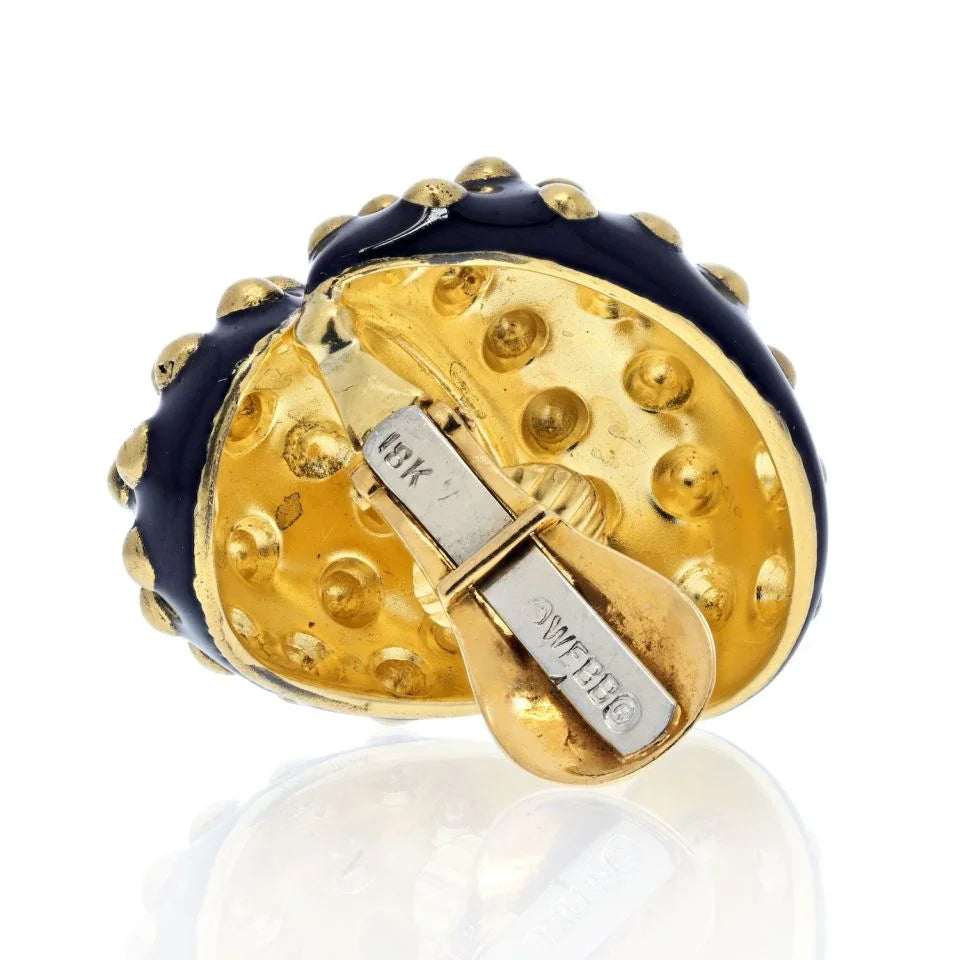 David Webb Platinum & 18K Yellow Gold Black Enamel Gold Studded Clip Earrings — view 5 — Laura Milman New York