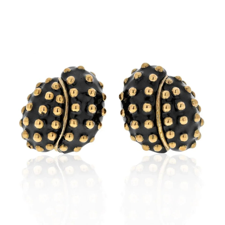 David Webb Platinum & 18K Yellow Gold Black Enamel Gold Studded Clip Earrings — Laura Milman New York