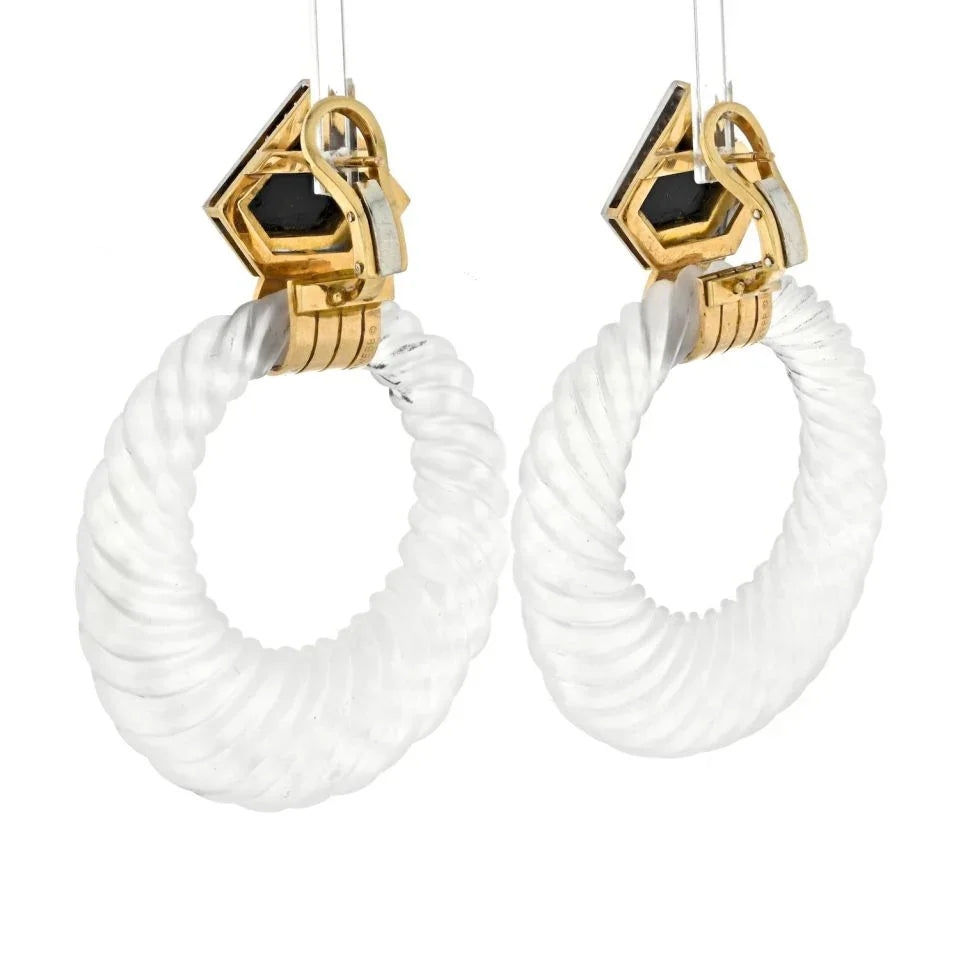David Webb 18K Yellow Gold Rock Crystal Hoop Earrings — view 3 — Laura Milman New York