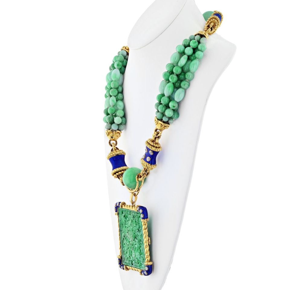 David Webb Jade Platinum & 18K Yellow Gold Jade, Diamond, Blue Enamel Necklace — view 2 — Laura Milman New York