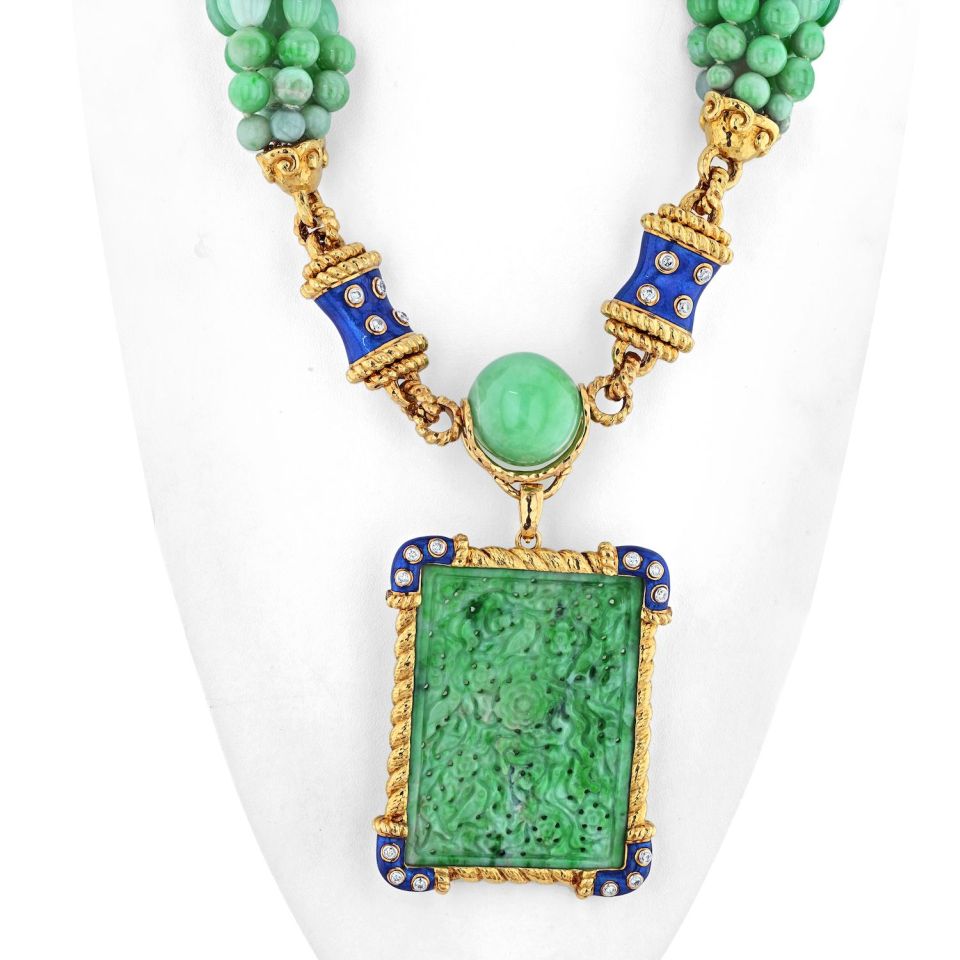 David Webb Jade Platinum & 18K Yellow Gold Jade, Diamond, Blue Enamel Necklace — view 3 — Laura Milman New York