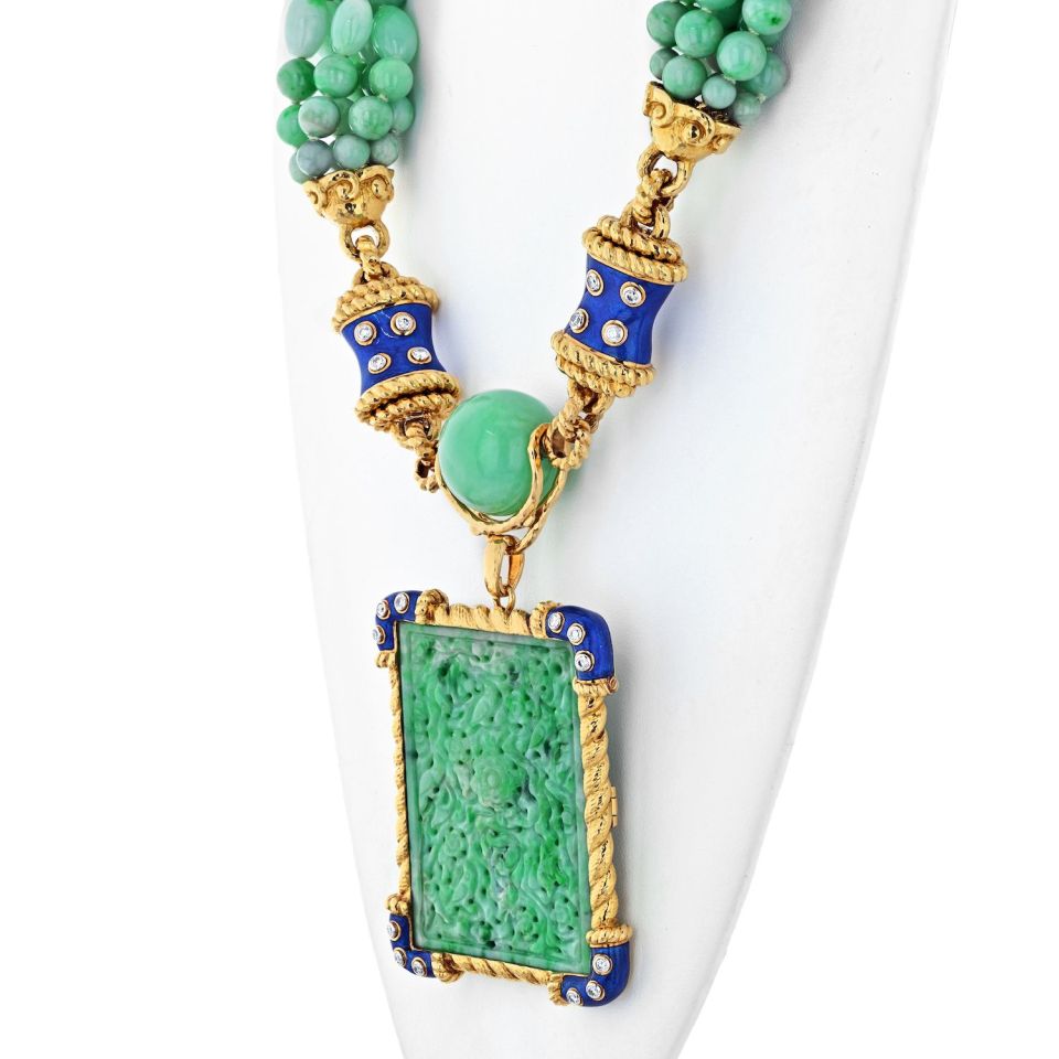 David Webb Jade Platinum & 18K Yellow Gold Jade, Diamond, Blue Enamel Necklace — view 4 — Laura Milman New York