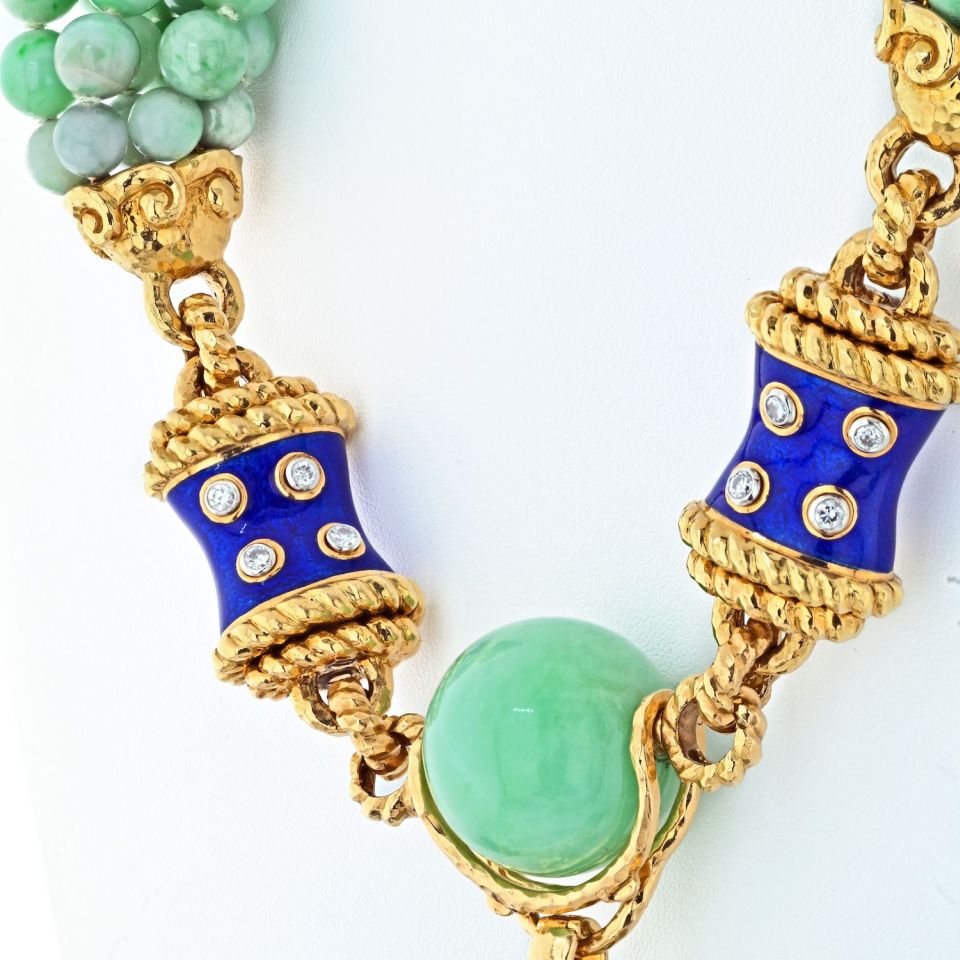 David Webb Jade Platinum & 18K Yellow Gold Jade, Diamond, Blue Enamel Necklace — view 5 — Laura Milman New York