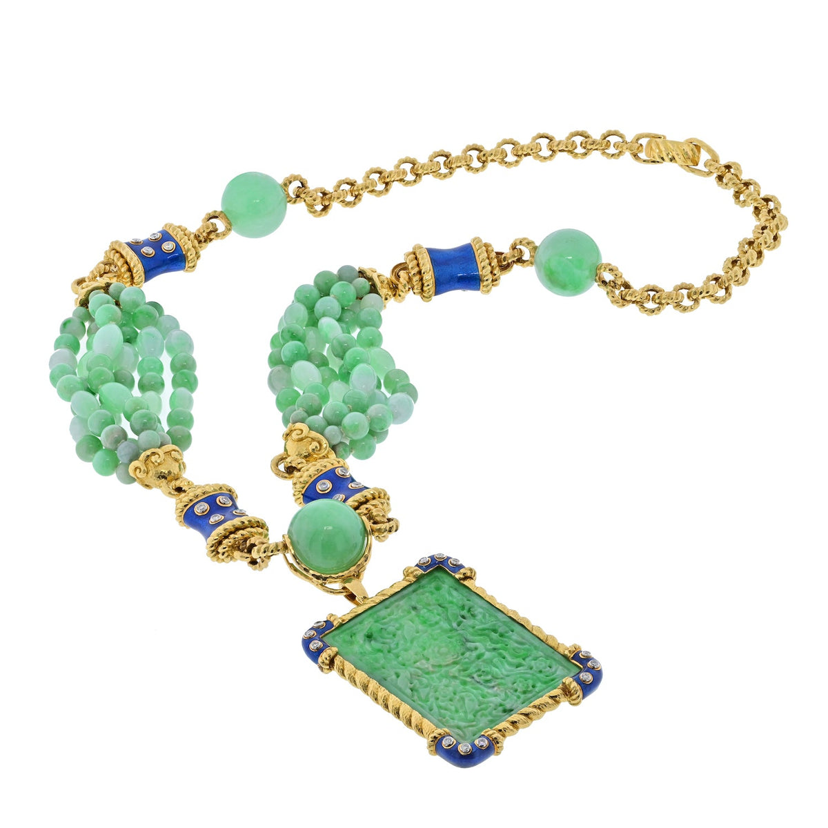 David Webb Jade Platinum & 18K Yellow Gold Jade, Diamond, Blue Enamel Necklace — view 7 — Laura Milman New York