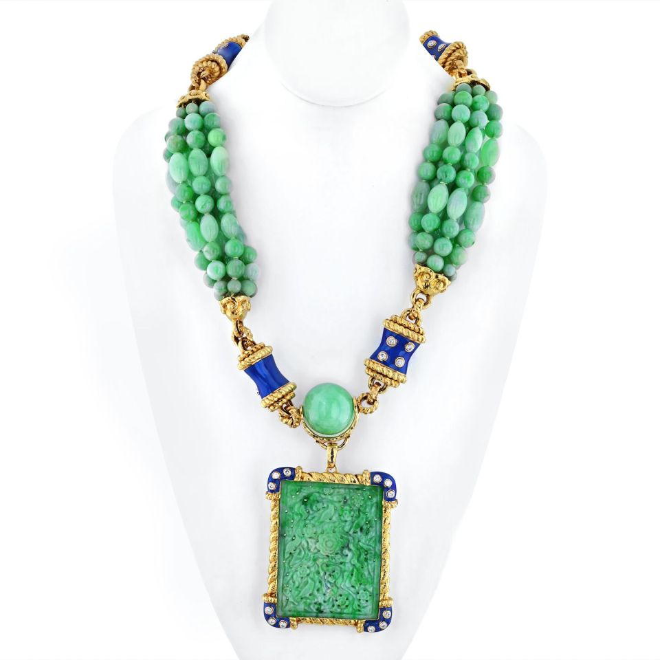 David Webb Jade Platinum & 18K Yellow Gold Jade, Diamond, Blue Enamel Necklace — Laura Milman New York
