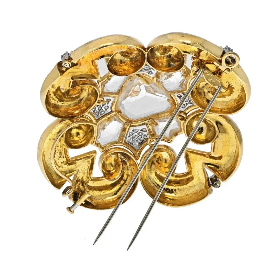 David Webb Platinum & 18K Yellow Gold Rock Crystal Large Maltese Cross Scroll Pendant Brooch — view 5 — Laura Milman New York