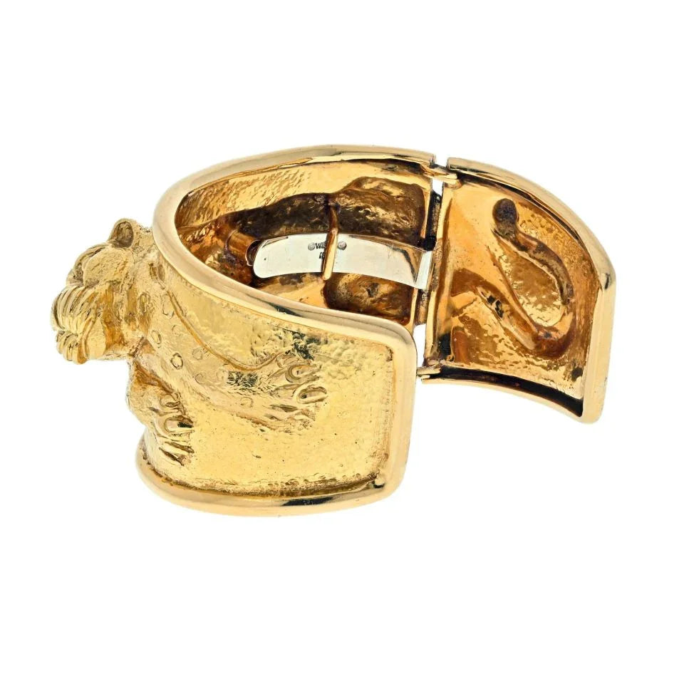 David Webb Platinum & 18K Yellow Gold Repousse Finish Leopard Bracelet — view 4 — Laura Milman New York