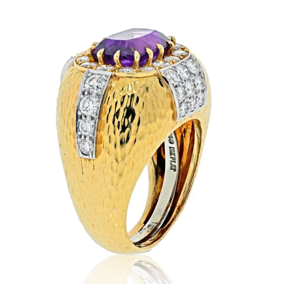 David Webb 18K Yellow Gold Oval Amethyst And Diamond Hammered Finish Ring — view 2 — Laura Milman New York