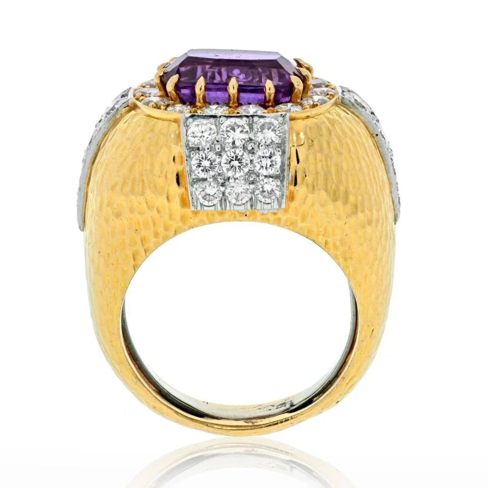 David Webb 18K Yellow Gold Oval Amethyst And Diamond Hammered Finish Ring — view 3 — Laura Milman New York