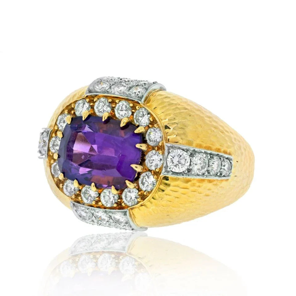 David Webb 18K Yellow Gold Oval Amethyst And Diamond Hammered Finish Ring — Laura Milman New York