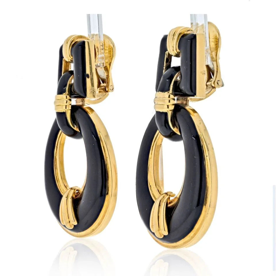 David Webb 18K Yellow Gold Black Enamel Vintage Door Knockers Earrings — view 2 — Laura Milman New York